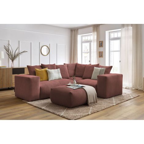 BOBOCHIC - Canapé d'angle fixe modulable VOLTAIRE avec 1 chauffeuse 2 places, 1 angle, 1 chauffeuse 1 place et 1 pouf Angle droit Rose (1/5)