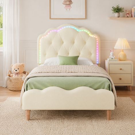 MEUBLIV Letto 90x200 cm beige – testiera ondulata LED multicolore, senza materasso (1/5)