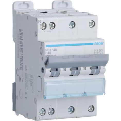Disjoncteur 3P+N 6-10kA courbe D 40A 3 modules HAGER NGT840 (1/5)