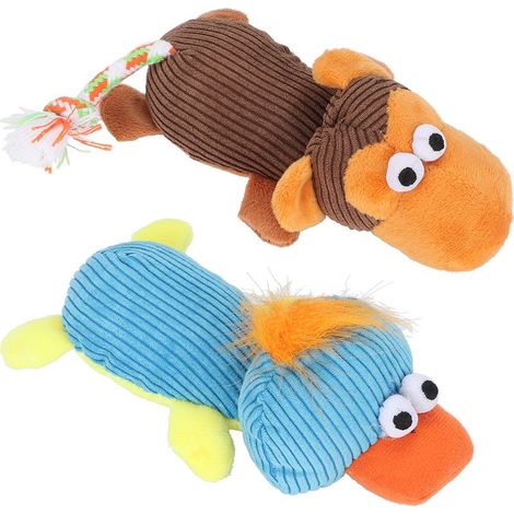 Deux jouets à mâcher en peluche douce pour chien : un canard qui couine et un singe qui couine. (1/5)