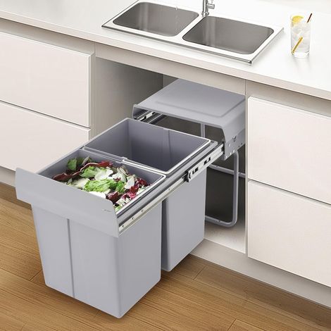 Ausziehbarer Mülleimer Küche, 20L Abfallsammler Einbau Unterschrank mit 2 Fächer, 49  35  43cm Einbaumülleimer für Häuser, Restaurants, Büros, Bäder, Küchen, Grau
