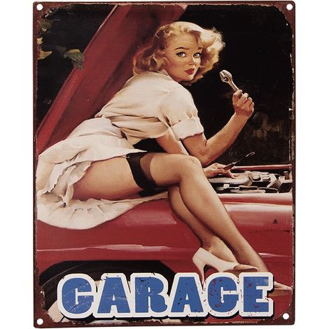 Plaque Décorative Murale Vintage en Fer Rouge avec Motif Femme et Voiture 20 x 25 cm - PANGIVO