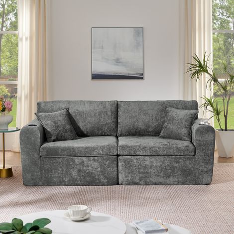 2-Sitzer-Sofa Chenille Grau mit USB-Ladefunktion, Getränkehalter und Seitentasche