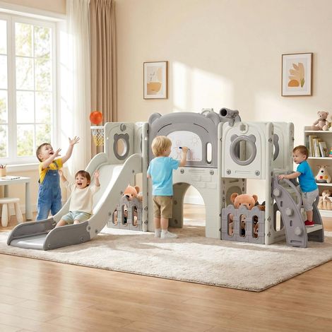 10 en 1 Toboggan pour Enfant Panier de Basket et Télescope, Stockage et Tunnel,Aire de Jeux Intérieure et Extérieure,Gris