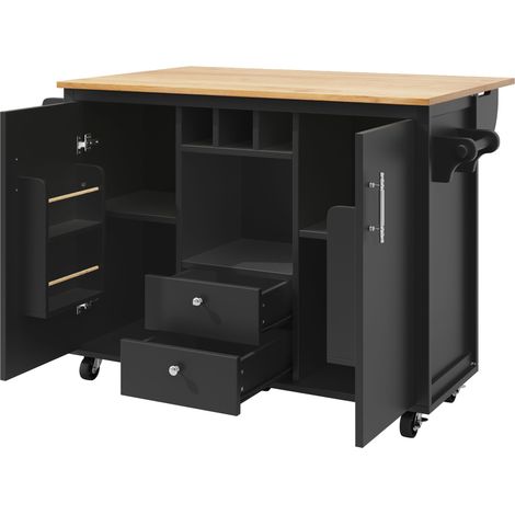 Îlot de cuisine armoire buffet 120 x 73 (45) x 92 cm, chariot de cuisine avec plateau rabattable, porte-serviettes, étagère à épices, rangement de porte, casier à vin et étagères réglables, blanc/noir