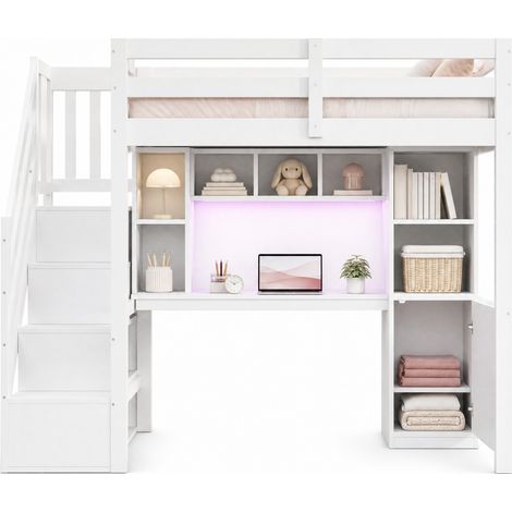 Letto a soppalco 90x200 cm con scala contenitore, scrivania, scaffali, armadi, LED e prese standard UE, sponde alte di sicurezza, legno bianco CHICFURN (1/5)