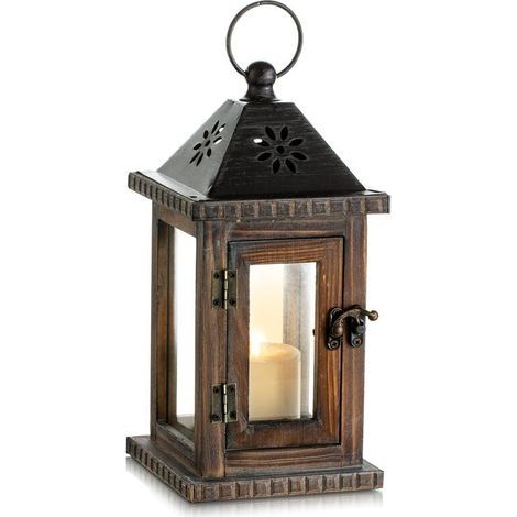 – Lanterne bougie en bois vintage 28cm – Décoration intérieure et extérieure – Compatible bougies piliers 6x10cm – Design rustique marron (1/5)