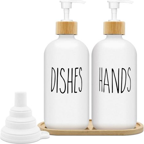 500ml Matte White Soap Dispenser Set, Glass Soap Dispenser with Tray, Dishwashing Liquid Dispenser, Kitchen and Shower Soap Dispenser (White x 2) (1/5)
