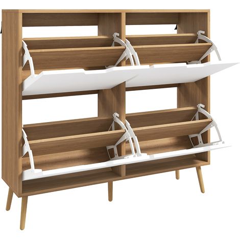 Schuhschrank mit 4 Flügeltüren, Platz für 16 Paar Schuhe, verstellbarem Einlegeboden, Beinen aus Kiefernholz natur, 95 x 26 x 95 cm