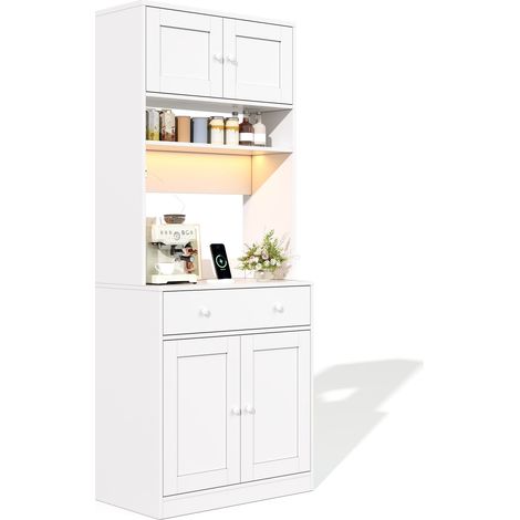 Küchenhochschrank mit Schubfach, Offenen Regalen, RGB-LED und USB-Anschlüssen für Küche, MDF Weiß, 72 x 40 x 180 cm (1/5)