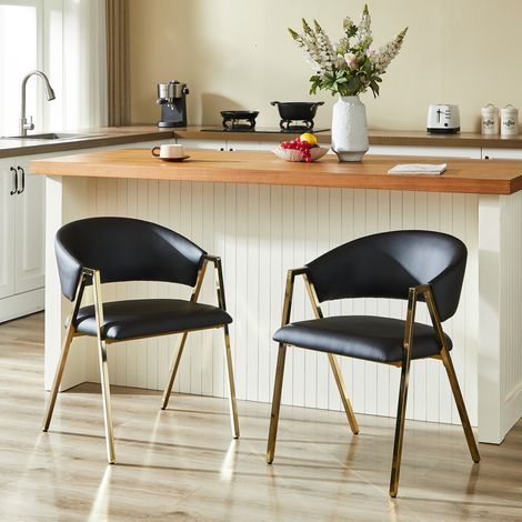 Esszimmerstuhl aus schwarzem PU mit goldfarbenem Metallgestell, modernes ergonomisches Design,56×59×77cm (1/5)