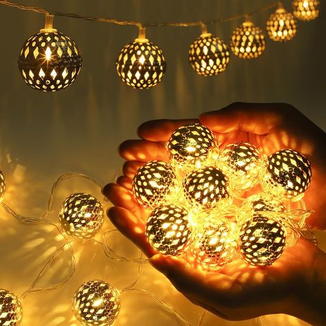 Guirlande Lumineuse Intérieur Marocaine, 20 LED Marocaine Lampes Minuterie à Piles, Guirlande Lumineuse Boules Doré Style Oriental pour Chambre, Balcon, Ramadan, Mariage, Noël (1/5)