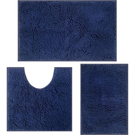 Lot de 3 tapis de bain antidérapants et lavables pour la salle de bain, combinaison de douche, baignoire, décoration WC (bleu foncé) (1/5)