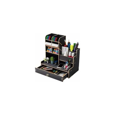 Boîte De Rangement En Bois - Organisateur De Bureau Avec Tiroir Coulissant - Pour Bureau À Domicile École Et Bureau - 24,5 x 15 x 25,4 cm - Noir