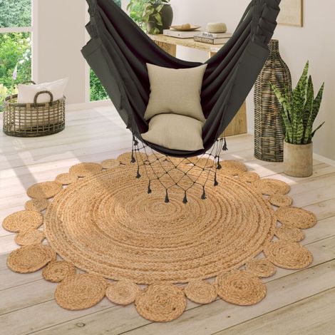 Tapis Rond Salon Motif Ethnique Boho Moderne Fait Main Tapis Naturel 80 cm rond, Naturelle 2 (1/4)