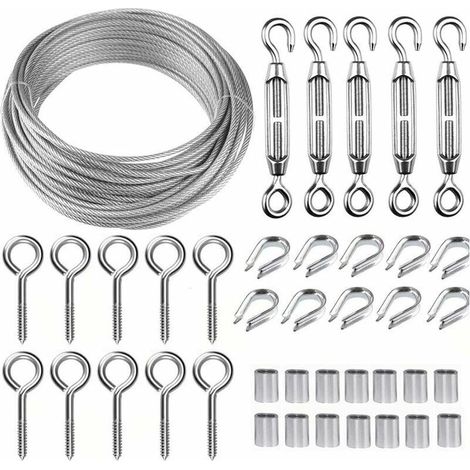 Kit de corde de Suspension en fil d\\'acier inoxydable de 30M 2mm-avec tendeur de câble M5 et crochet-pour l\\'escalade, clôture de jardin, corde à linge (1/5)
