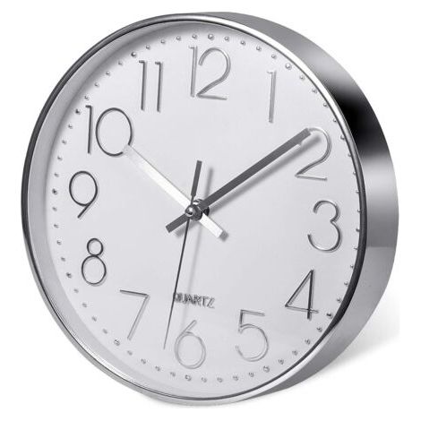(20 cm/12 Zoll, Silber) Premium silberne Wanduhr, Wanddekoration, moderne geräuschlose Wanduhr für Küche, Büro, Zuhause (1/5)