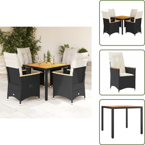 The Living Store Set da Pranzo da Giardino 5 pz Nero con Cuscini in Polyrattan - Sedie da giardino reclinabili