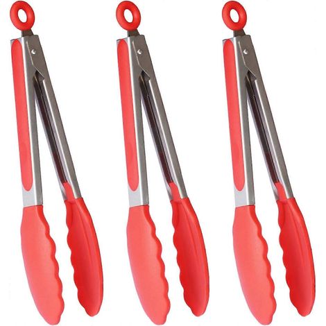 Pinces de cuisine pratiques en silicone, pinces de cuisson de 23 cm pour barbecue, lot de 3 (rouge) (1/5)