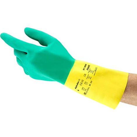 Ansell AlphaTec 87-900 Guanti Chimici da Lavoro, Resistenza alle Sostanze Chimiche, Robusto e di Lunga Durata, Floccatura di Cotone, Guanto Donna e Uomo, Multiuso, Verde, Taglia XL (12 Paia) (1/4)