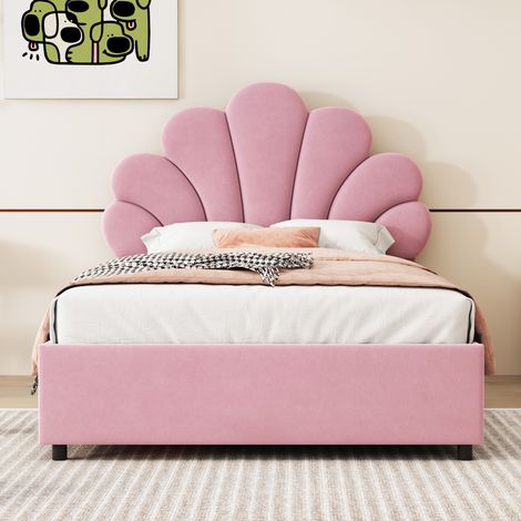 Lit enfant capitonné 90x200 cm, sommier à lattes intégré, tête de lit fleurie réglable en hauteur, coffre de rangement hydraulique, revêtement velours rose doux, chambre cozy (1/5)