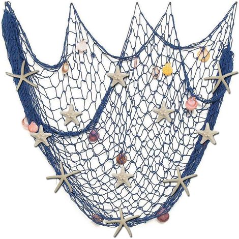 Décoration murale en filet de pêche naturel avec coquillages et 10 étoiles de mer naturelles Filet de pêche sur le thème de l'océan pour la décoration murale de photographie de fête de plage (1/5)