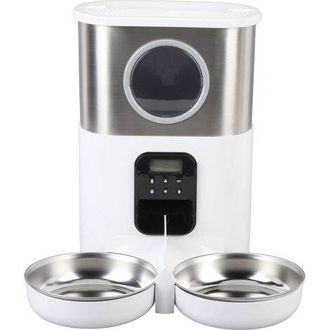 Distributeur automatique de croquettes pour deux chats, capacité 5 L, fenêtre de visualisation, dosage précis, acier inoxydable, 2 gamelles, minuterie, blanc. (1/5)