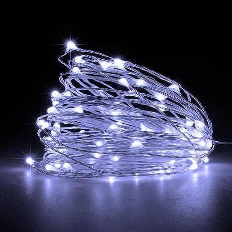 Guirnalda de luces LED, [2 unidades] Guirnalda de luces a pilas con 5 m y 50 LED blancos fríos en cable plateado para dormitorio, fiesta, boda (blanco frío) (1/5)