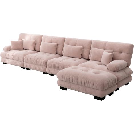 Canapé d'angle modulaire 4 places en chenille vintage rose avec ottoman mobile (1/5)