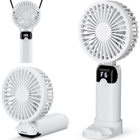 Ventilateur Portable USB Rechargeable, Petit Mini Ventilateur à Main avec 6 Vitesses, Batterie 4000 mAh, écran LED, Ventilo Portable Pliable Pour Bureau, Maison, Voyage Extérieur, Cadeau d’été –Blanc (1/5)