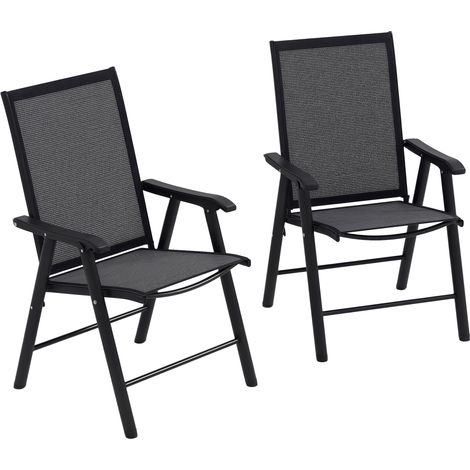 Lot de 2 chaises de camping pliantes avec accoudoirs pour jardin et terrasse. Charge maximale : 110 kg. Dimensions : 58 x 64 x 94 cm. Gris foncé. (1/5)