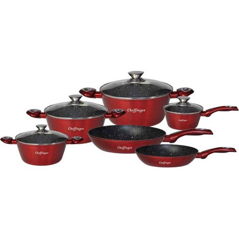 Set de cuisine 10 pièces - GENERIC - Rouge - Revêtement en marbre - Compatible induction - Poignées ergonomiques (1/4)