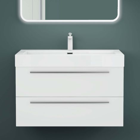 Mai & Mai Mobile Bagno Sospeso90cm, Mobiletto per Bagno con Lavabo, Bianco Opaco, Seria Quadratto (1/5)