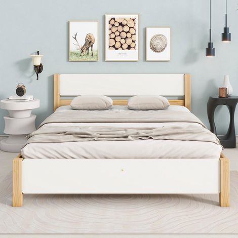 Lit double, lit en bois, cadre en pin avec support central, lit enfant, lit adulte, avec tête et pied de lit en MDF, blanc et naturel, 140 x 200 cm (1/5)