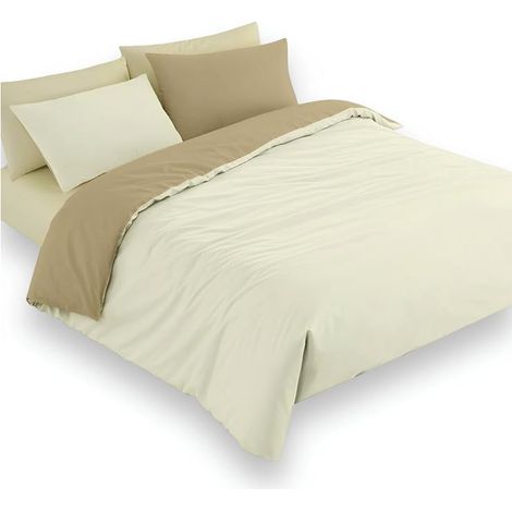 Parure de lit housse de couette bicolore couleur unie en coton 100 % italien, effet soyeux, doux sur la peau, différentes tailles crème, 2 taies d'oreillers (1/5)