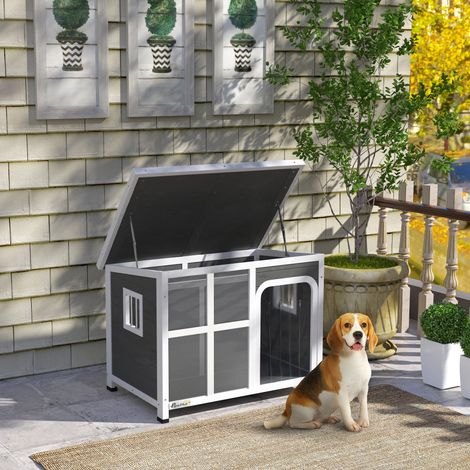 Caseta para perros con ventanas y cortina de entrada, fabricada en madera de abeto, 90x62x71 cm, gris claro.