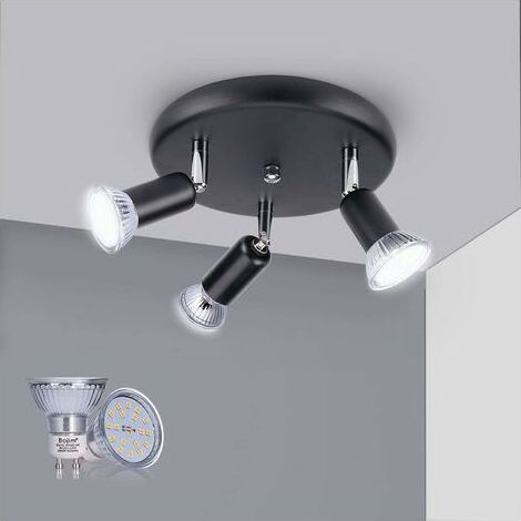 Luminaire Plafonnier Led Orientable 350°, 3 x 6W Ampoules GU10, 3 Spots Plafond, Luminaire Interieur Spot 230V 600 LM, IP20 Lustre Cuisine Ra82 120° Angle -Noir 4500k (1/4)