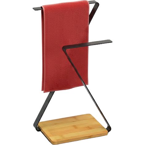 Relaxdays Portasciugamani da banco, HLP 36,5x26,5x15cm, 2 bracci, portagioie, bagno, cucina, ferro, bambù, nero