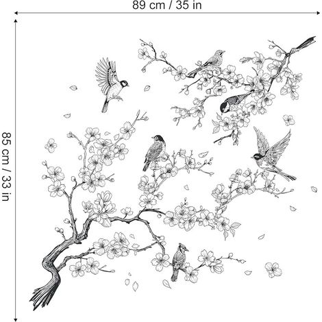 Stickers Muraux Fleurs de Cerisier Noir et Blanc Autocollants Oiseaux sur Branche Décor de Murale Amovible DIY pour Chambre Salon Salle à Manger Couloir (1/2)