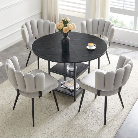 REDOM Conjunto de comedor 107x107x75 cm, mesa redonda con doble estante y 4 sillas tapizadas, MDF metal, negro gris claro (1/5)