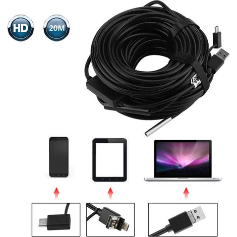 1 endoscope USB de 20 mètres (5,5 mm) avec caméra étanche 720p pour l'inspection de canalisations automobiles