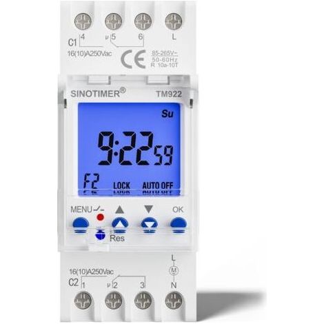 Module de minuterie bidirectionnel TM922-K, 85–265 V CA / 12 V CC, montage sur rail DIN, double sortie programmable (16 A), pour automatisation industrielle et éclairage (1/4)