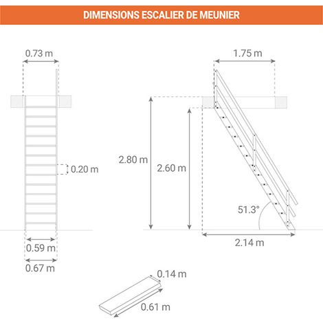 Matisère – Escalier en bois 13 marches – Hauteur 2.80m – Largeur 0.64m – Rampe de sécurité – COTTAGEJI280 — vue 2