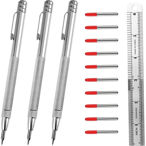 3 Stylos À Tracer En Carbure De Tungstène 55hrc Avec Pointe De Carbure Et 10 Pointes Métalliques Cylindriques De Rechange, Règle En Acier De 15 cm Et Queue Magnétique Pour Marquage Précis Sur Et Verre (1/5)