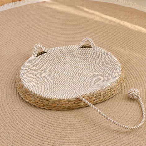 Panier Chat Griffoir 2-en-1 Ovale L 50x35 cm – Niche Jonc / Corde Coton Oreilles de Chat, Corbeille Respirante Anti-Débris 4 Saisons avec Balle, Lit jusqu’à 7,5 kg (1/3)