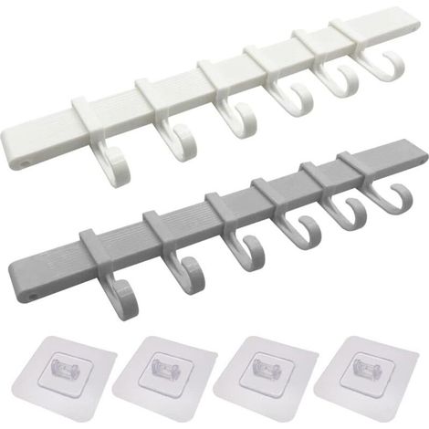 Lot de 2 supports muraux pour ustensiles de cuisine, sans perçage, fixation murale, crochets adhésifs avec 6 crochets coulissants (1/5)