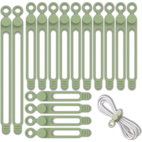 16 attaches de câble réutilisables en silicone, organisateur de câbles, attaches de câble réglables, légères et écologiques, pour câbles de charge, écouteurs, lignes de données (2 x 180 mm + 10 x 106 (1/5)