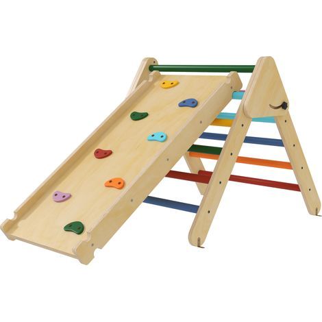 Triangle escalade bois 3 en 1, multicolore, 147x64,5x63 cm, rampe, glisser ou grimper (1/5)