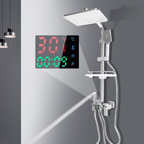 Home Shower System mit Thermostat Edelstahl Duschsäule Silber Regenbrause Vielseitiges Duschset 73-116cm Verstellbare Duschstange