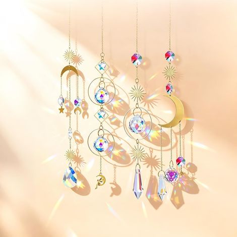 Atrapasueños de cristal, juego de 4 colgantes coloridos de luna, estrella y sol, colgantes facetados con cadenas de metal dorado, decoración para ventana, balcón y espacio exterior protegido. (1/5)